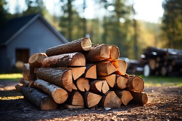 Pile of sawn pine wood in forest. Woodpile of sawn tree trunks.