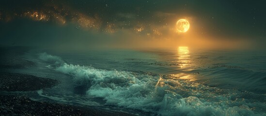 Wall Mural - Tendrils of mist begin to rise from the sea, adding an air of mystery and magic to the nocturnal scene. 