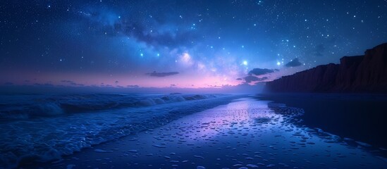 Wall Mural - The coastline stretches out, kissed by the evening tide, as stars begin to emerge in the velvety night sky. 