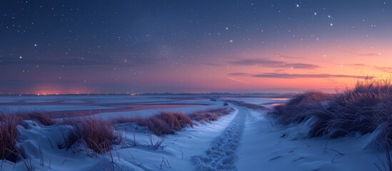 Wall Mural - The coastline stretches out, kissed by the evening tide, as stars begin to emerge in the velvety night sky. 