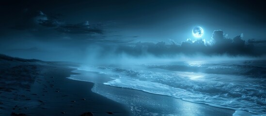 Wall Mural - Tendrils of mist begin to rise from the sea, adding an air of mystery and magic to the nocturnal scene. 
