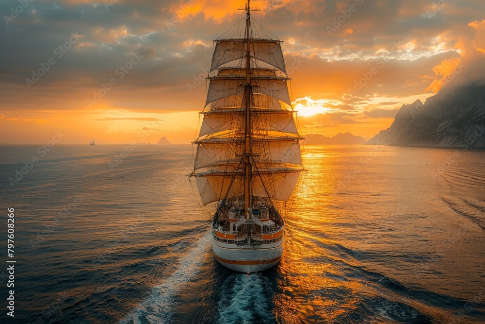 Majestic sailing ship cruises on the ocean against a vibrant sunset sky ...