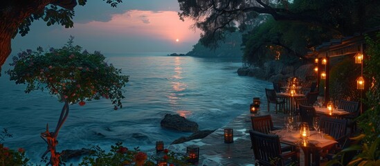 Wall Mural - The scent of jasmine and roses mingles with the sea air, enhancing the romantic allure of the evening. 