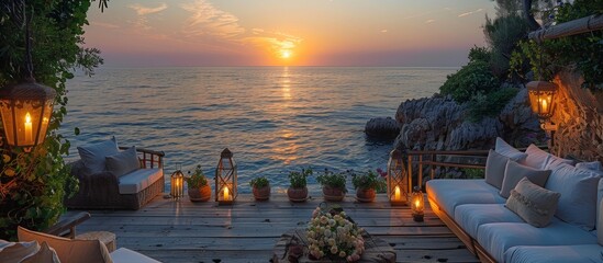 Wall Mural - The scent of jasmine and roses mingles with the sea air, enhancing the romantic allure of the evening. -