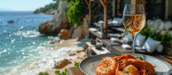 Wall Mural - The sea breeze carries hints of salt and jasmine, mingling with the aroma of a sumptuous seafood dinner. 