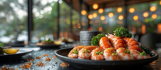 Wall Mural - The sea breeze carries hints of salt and jasmine, mingling with the aroma of a sumptuous seafood dinner. 