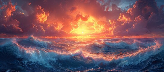Wall Mural - The sky transitions from shades of coral to indigo, a breathtaking canvas above the sea. 