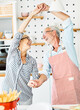 love kitchen senior woman man couple home retirement happy food smiling husband wife together dancing