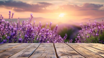 Wall Mural - beautiful lavender flower field with wooden table top for product display