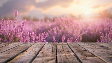Wall Mural - Beautiful lavender flower field with wooden table top for product display