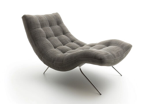 Contemporary gray fabric chaise longue chair with sleek metal legs isolated on solid white background.