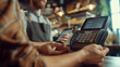© Maksym - A close-up shot of a man confirming his payment on the digital display of the payment terminal at the cafe, while the waitress beside him smiles approvingly, her friendly demeanor