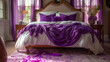 Elegance Unfurled- Imagine a boutique hotel suite. The bed is a canvas of luxury--sheer white sheets overlaid with a plush purple throw blanket. The decorative pillows, like jewels, add pops of color
