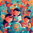 A vibrant illustration of diverse children reading and learning together. Surrounded by playful shapes and educational symbols, the artwork celebrates the joy of discovery and knowledge