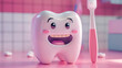 Happy tooth character with toothbrush in pink bathroom