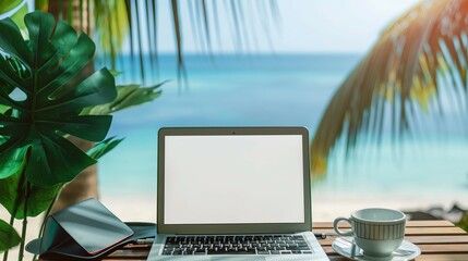 Wall Mural - Laptop mockup, blank screen notebook mockup, background with sea and palm trees, 3d render