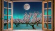 Moonlit Orchard: Almond Trees Adorned with Blossoms