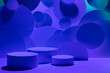 Abstract scene for presentation cosmetic products mockup - three round cylinder podiums in blue violet glowing light, circles as geometric decor. Template for showing in hipster disco party style.
