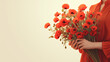 Woman holding a bouquet of red poppies, Veterans Day, copy space