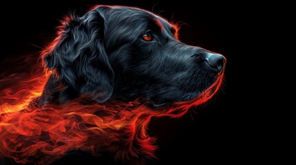 Poster - A black dog with red eyes is shown in a fiery blaze