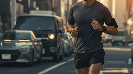 Man running at street with cars behind, Healthy lifestyle. copy space