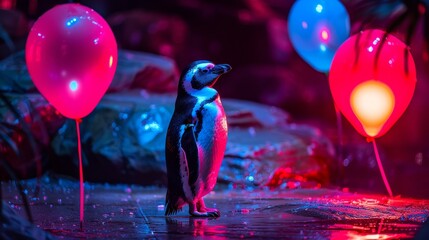 Wall Mural - A penguin stands in front of two balloons, one red and one blue