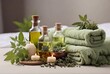 spa still life with oil, towels and herbs massage