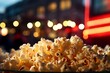 Bucket with tasty popcorn on blurred background, closeup. Cinema concept
