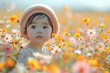 Portrait of a young asian child with curious eyes amidst a field of wildflowers. Innocence and the beauty of nature concept. Ideal for children's health and wellness, and natural lifestyle themes