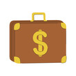 A brown suitcase with a dollar sign on it