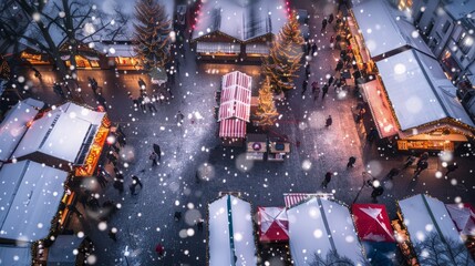Wall Mural - Overhead view of snow-covered Christmas market with wooden chalets selling handmade crafts and festive goods