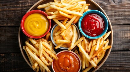 Wall Mural - A plate stacked with French fries drizzled with ketchup and mustard condiments