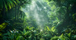 A dense jungle canopy with rays of sunlight filtering through the leaves, creating an enchanting and mysterious atmosphere