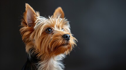 Poster - A small dog with brown and black fur is looking up at the camera