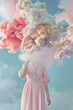 A woman standing in a field of flowers with her head in the clouds.
