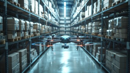 Wall Mural - Robotic drones navigating aisles in a futuristic warehouse, showcasing the agility and efficiency of aerial logistics technology.