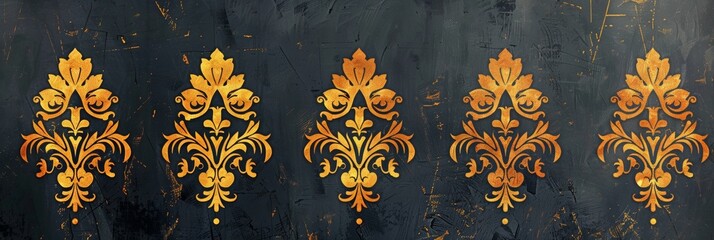 Poster - This opulent wallpaper features bold gold damask motifs on a deep black background, ideal for sophisticated interiors.