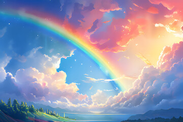 An animated illustration of a beautiful rainbow hanging in the blue sky, ai, generative, 생성형, korea and japan, 青空にかかる美しい虹のアニメ風イラスト