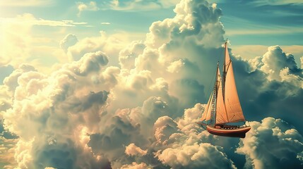 Sticker - A whimsical scene where a boat sails through the sky among the clouds