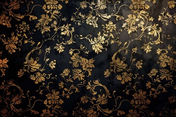 Wall Mural - This opulent wallpaper features bold gold damask motifs on a deep black background, ideal for sophisticated interiors.