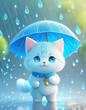 雨の中で傘を持って立つ猫