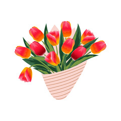 Canvas Print - An armful of red tulips wrapped in light pink paper packaging for any occasion. Vector.