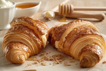 Wall Mural - Fresh Croissants with Honey on Warm Bakery Background: Perfect Breakfast Duo