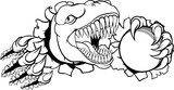 Fototapeta  - A dinosaur T Rex or raptor cricket player cartoon animal sports mascot holding a ball in its claw