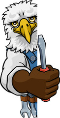 Poster - An eagle electrician, handyman or mechanic holding a screwdriver and peeking round a sign