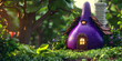Fairy house with stairway fae fairy beautiful and luminous,Cartoon illustration with fairy house in form of ripe purple eggplant, little wooden fence and tree on green meadow. Flat vector .

