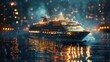 luxury cruise ship at night, Large luxury cruise ship with lights on at night