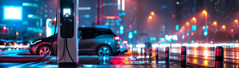 Wideangle photo of a modern designed electric charging station, its futuristic sleek silver finish shining under city lights