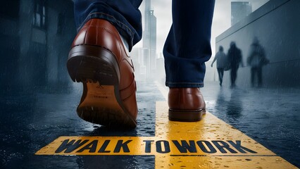 view of a person's feet, specifically the bottom of their brown leather shoes and the top of their blue jeans. They are stepping over a yellow line on a wet street, which has the words 'Walk to Work'