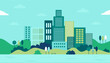 © Maksum - Simple, minimal geometric flat style vector illustration depicting a city landscape with buildings, hills, and trees. Ideal as an abstract horizontal banner or background.